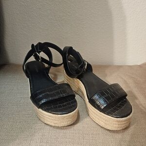 Marc Fisher Black Croc-Embossed Espadrille Sandals